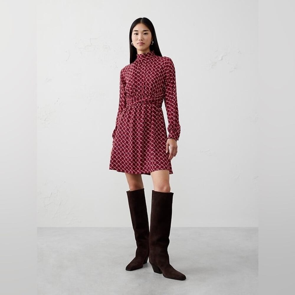 BANANA REPUBLIC TWISTED-WAIST MINI DRESS Red Multi Mock Neck Long Sleeve S NWT